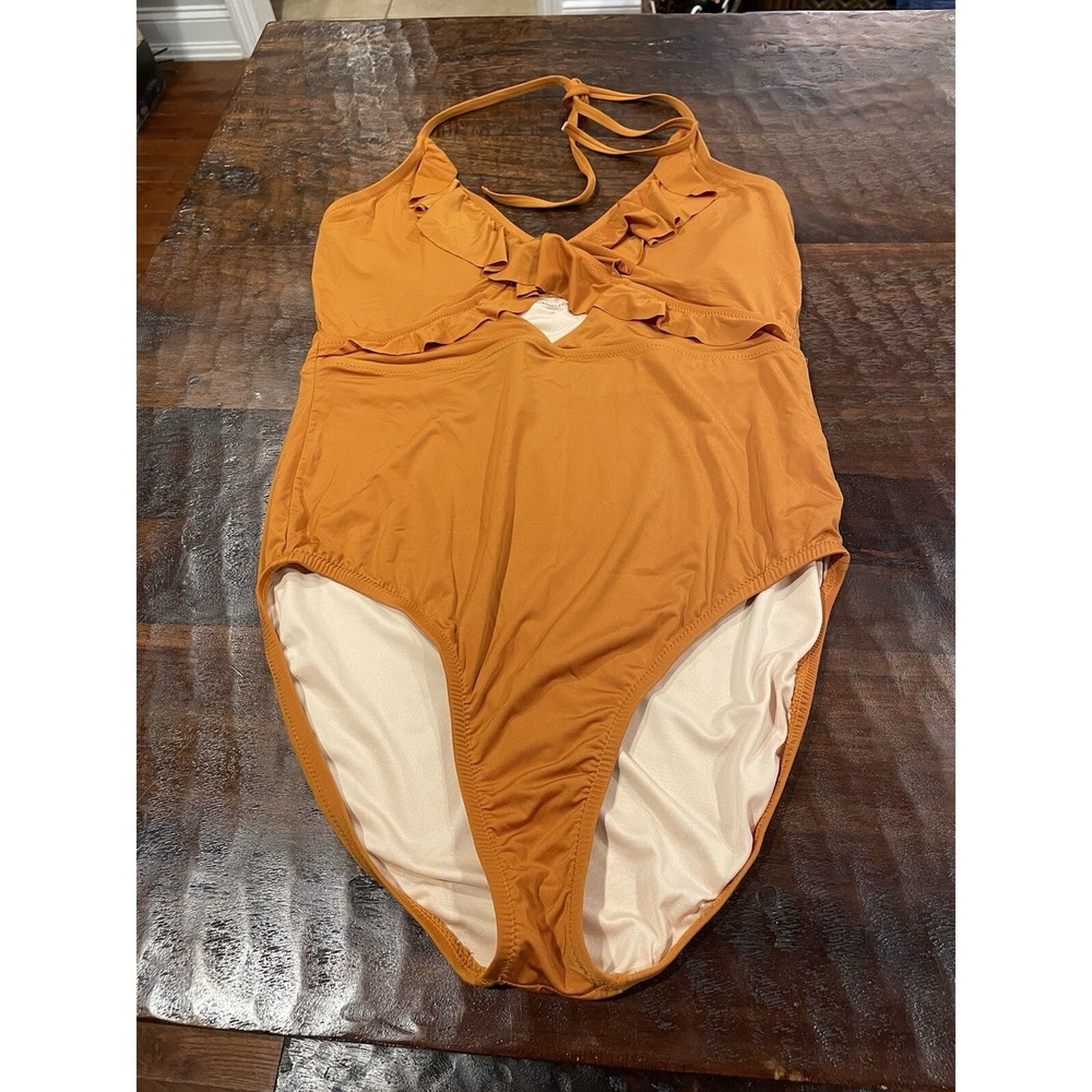 Garnet Hill One Piece Swimsuit‎ Size 14 Burnt Orange Ruffle Tie Neck Keyhole